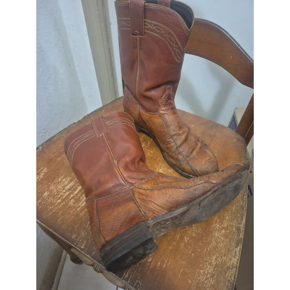 Vintage Justin Ostrich Leg Exotic Roper Boots Men's Size 10.5D USA Western M9339